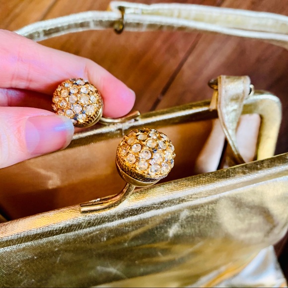 Vintage Jeweled Kiss Lock Gold Metallic Purse - Picture 3 of 5
